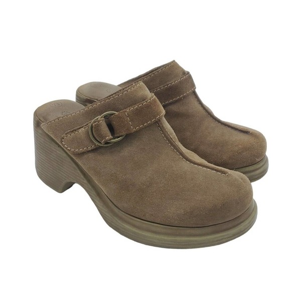 Vintage Y2K Lower East Side 7.5 Brown Suede Chunky Clog Mule Grunge Boho Leather - Picture 2 of 11